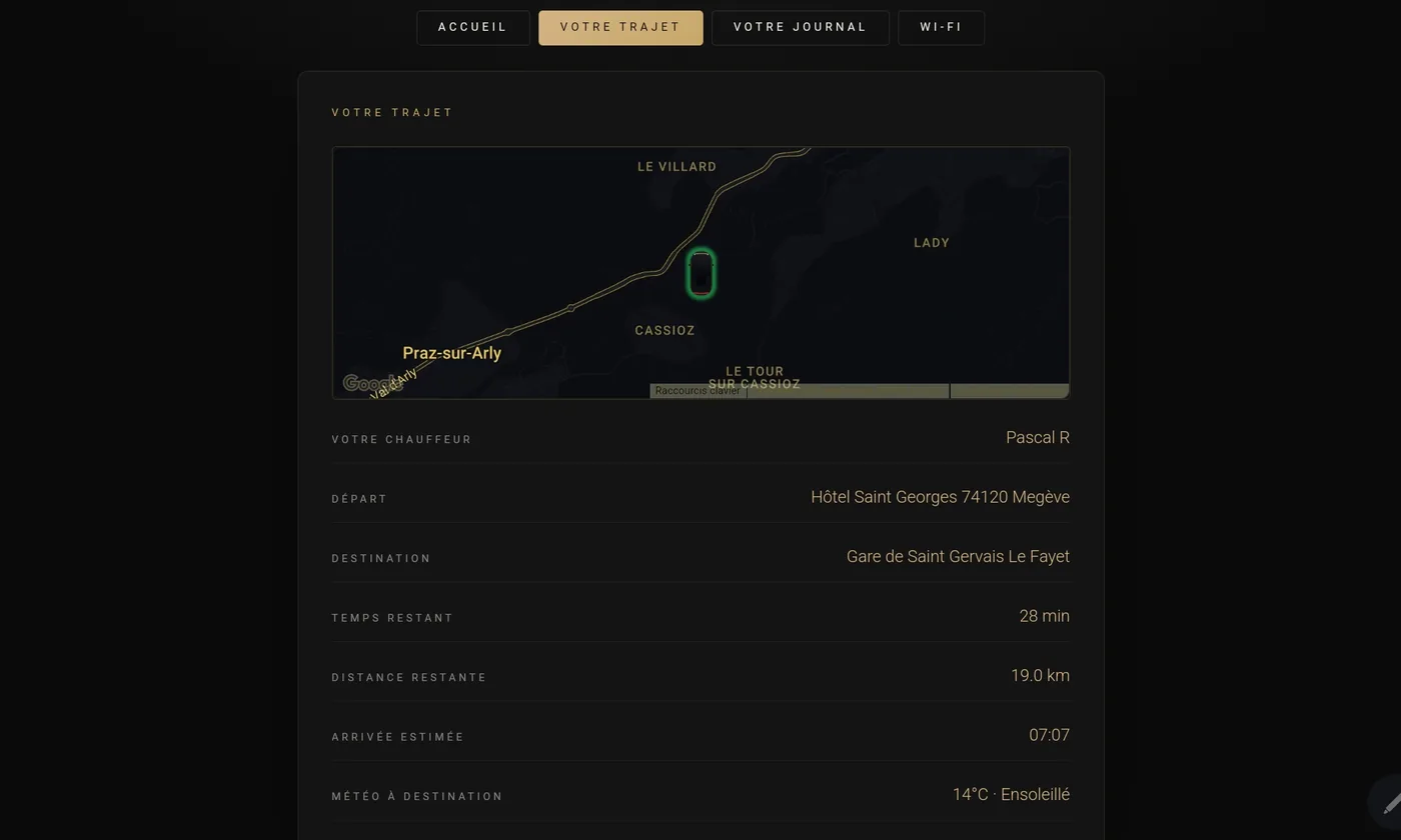 Suivi du trajet ONYX Cabin en temps réel sur carte sombre