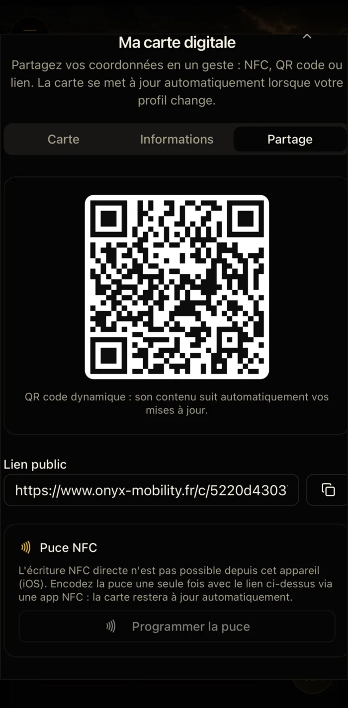 Partage NFC et QR code de la carte digitale ONYX